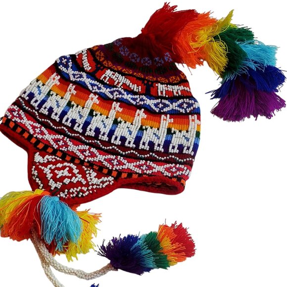 Andean Chullo Hat “Alpaca Road” – Hand-Beaded Beanie with Rainbow Tassels, Gift - Picture 1 of 3